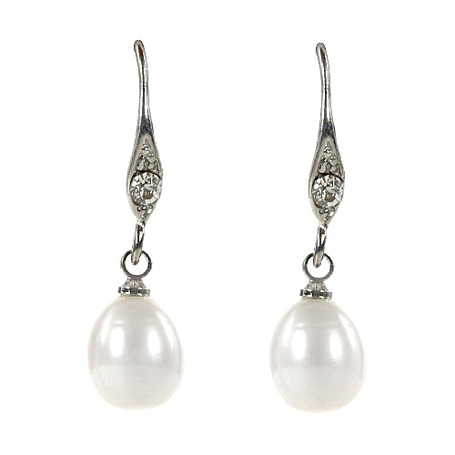 Witte zoetwater parel oorbellen met stras steentje, vooraanzicht | Ely