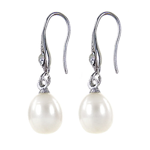 Witte zoetwater parel oorbellen met stras steentje, zijaanzicht | Ely