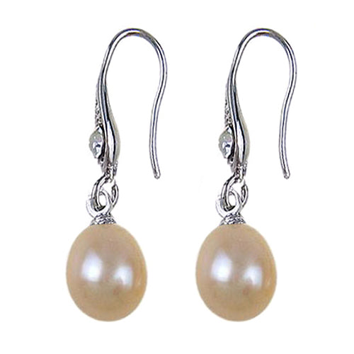 Zoetwater parel oorbellen met zalm kleurige parels en stras steentje, zijaanzicht | Ezy