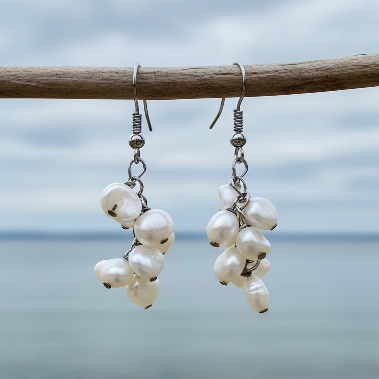 Zoetwater parel oorbellen met witte parels en sterling zilver (925) hangend aan takje | Josefine