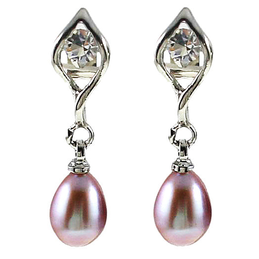 Roze zoetwater parel oorbellen met stras steentje, vooraanzicht | Lepa