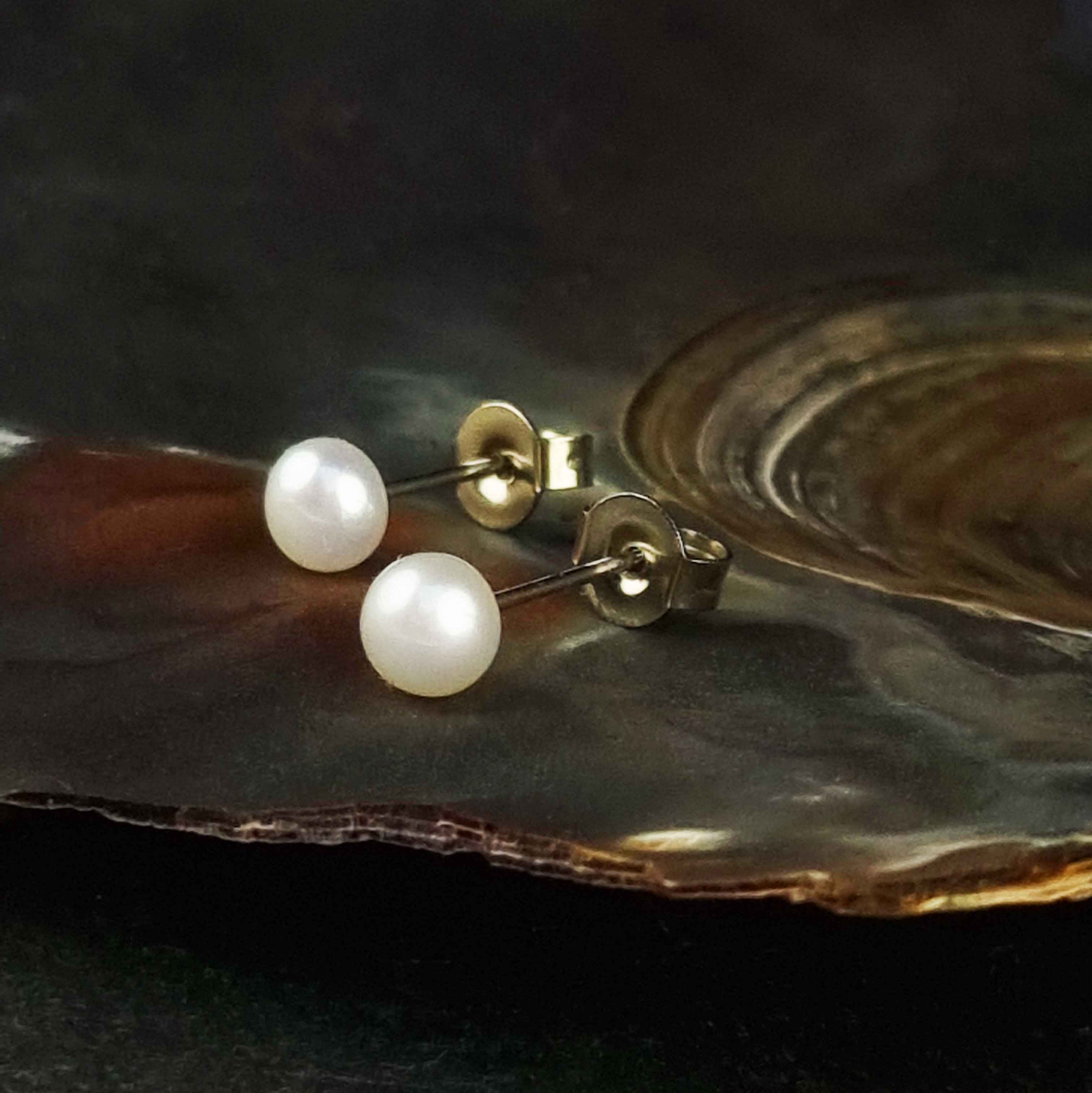 Witte zoetwater parel oorbellen met edelstaal liggend in schelp | Little Pearl