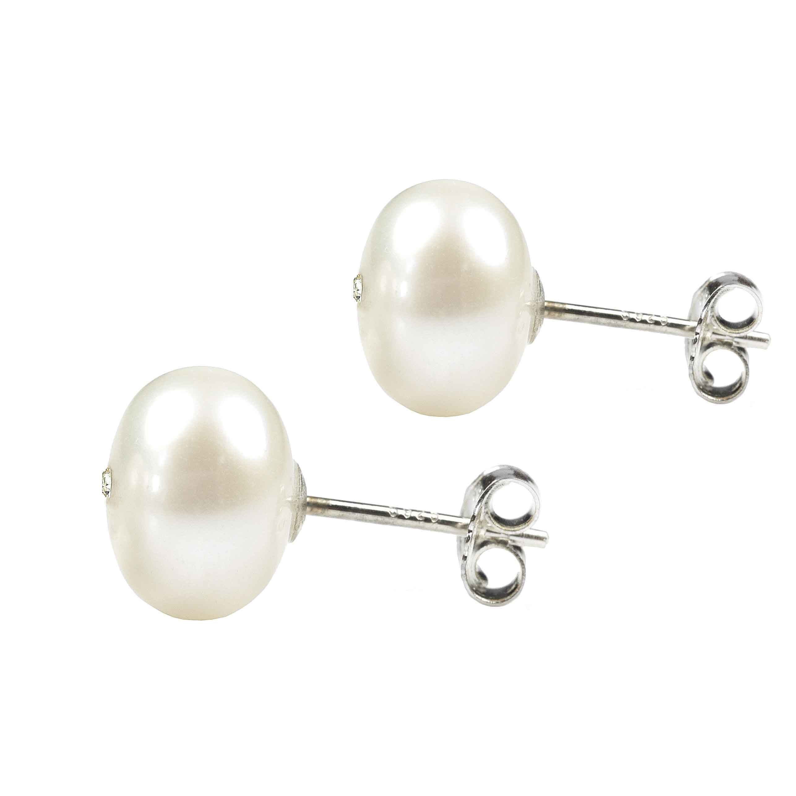 Witte zoetwater parel oorbellen met stras steentje, parel oorknopje, zijaanzicht | Cadeau set zoetwater parel oorbellen Bling Mea Box One