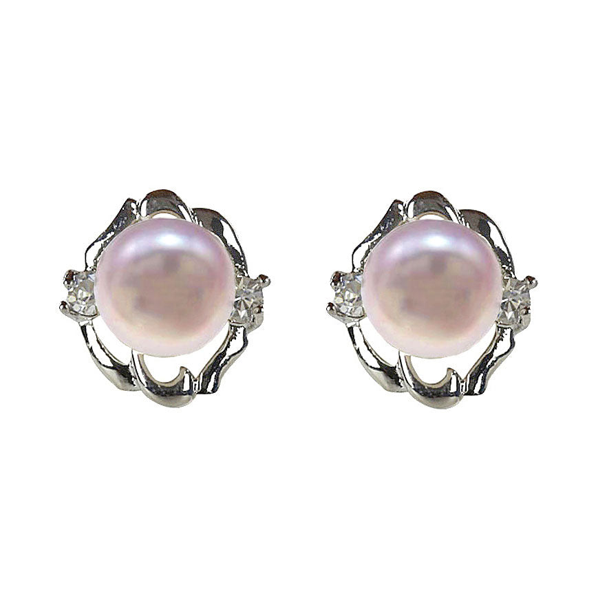 Zoetwater parel oorknopjes met roze parel en stras steentjes, voorkant | Pada