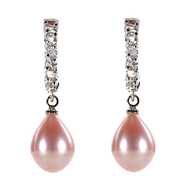Roze zoetwater parel oorbellen met stras steentjes, oorringen met roze parel en stras steentjes, vooraanzicht | Pante