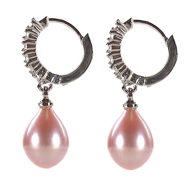 Roze zoetwater parel oorbellen met stras steentjes, oorringen met parel en stras steentjes, zijaanzicht | Pante