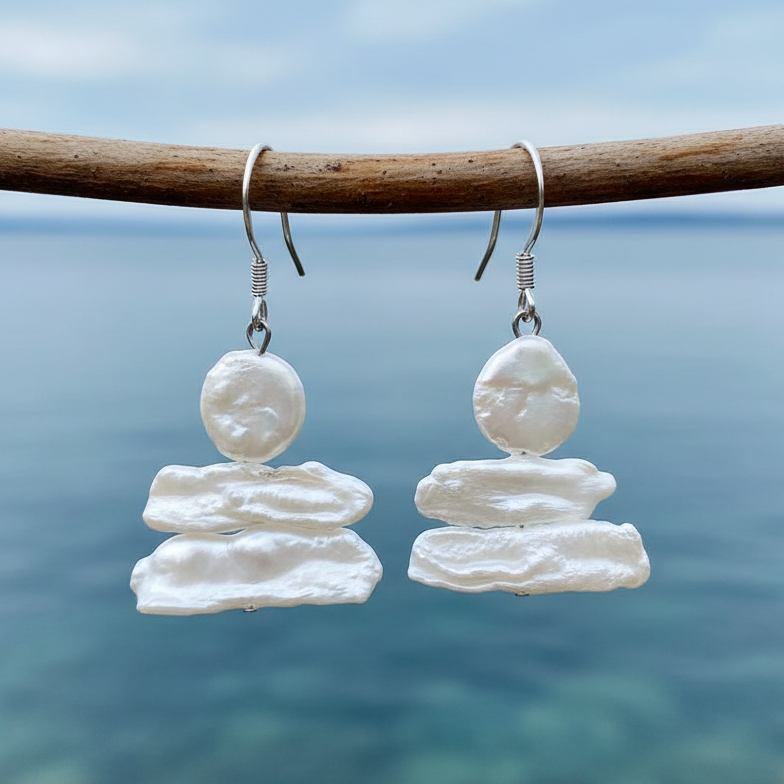 Zoetwater parel oorbellen met witte parels en sterling zilver (925) hangend aan takje | Wendy