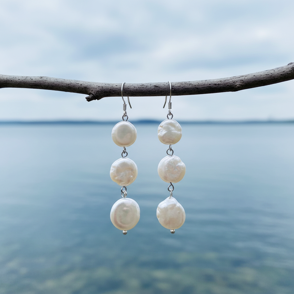 Lange witte zoetwater parel oorbellen met witte parels en sterling zilver (925) hangend aan takje | Weny