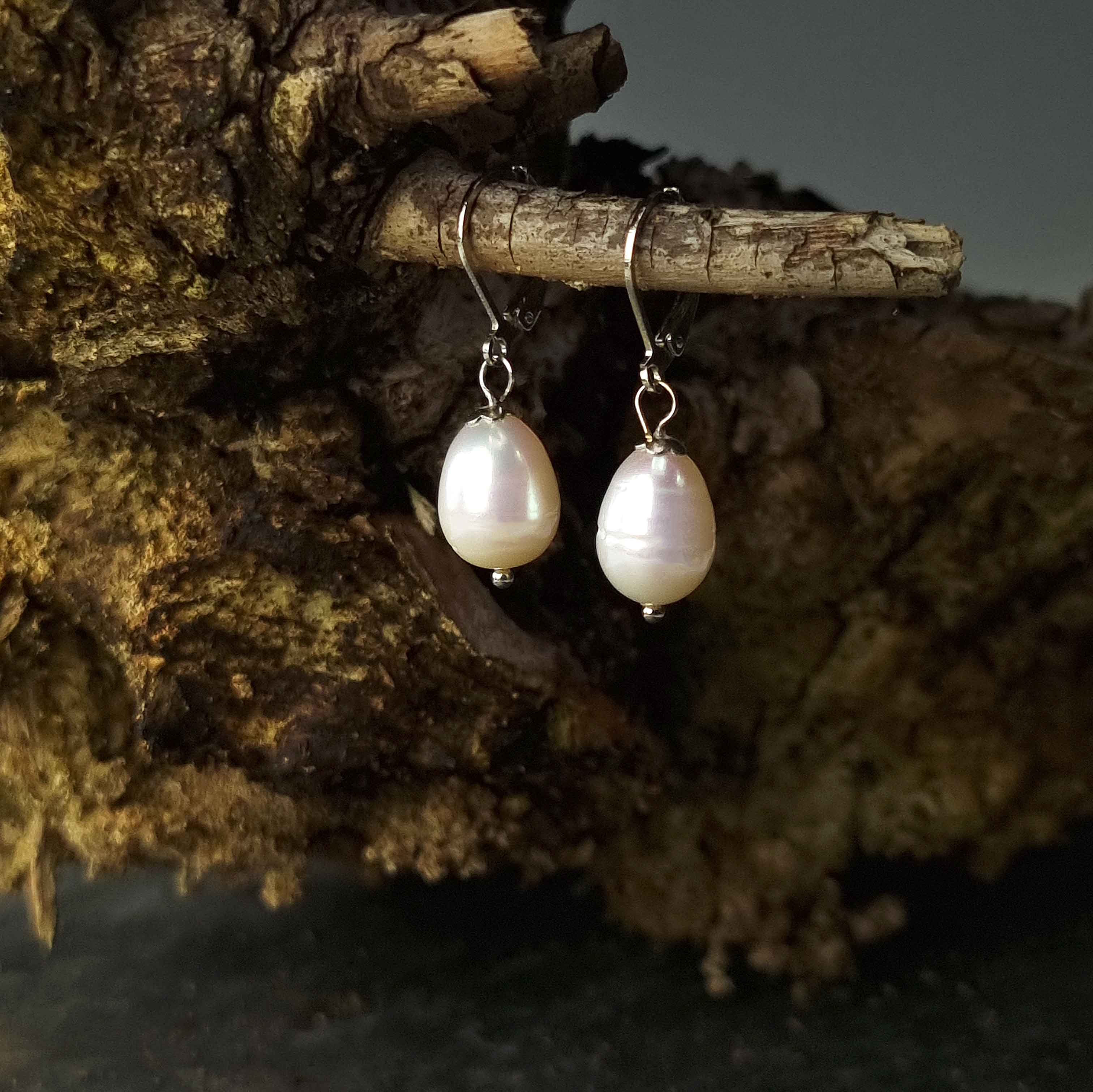 Witte zoetwater parel oorbellen met sterling zilveren oorbelhaakje hangend aan tak | Wola