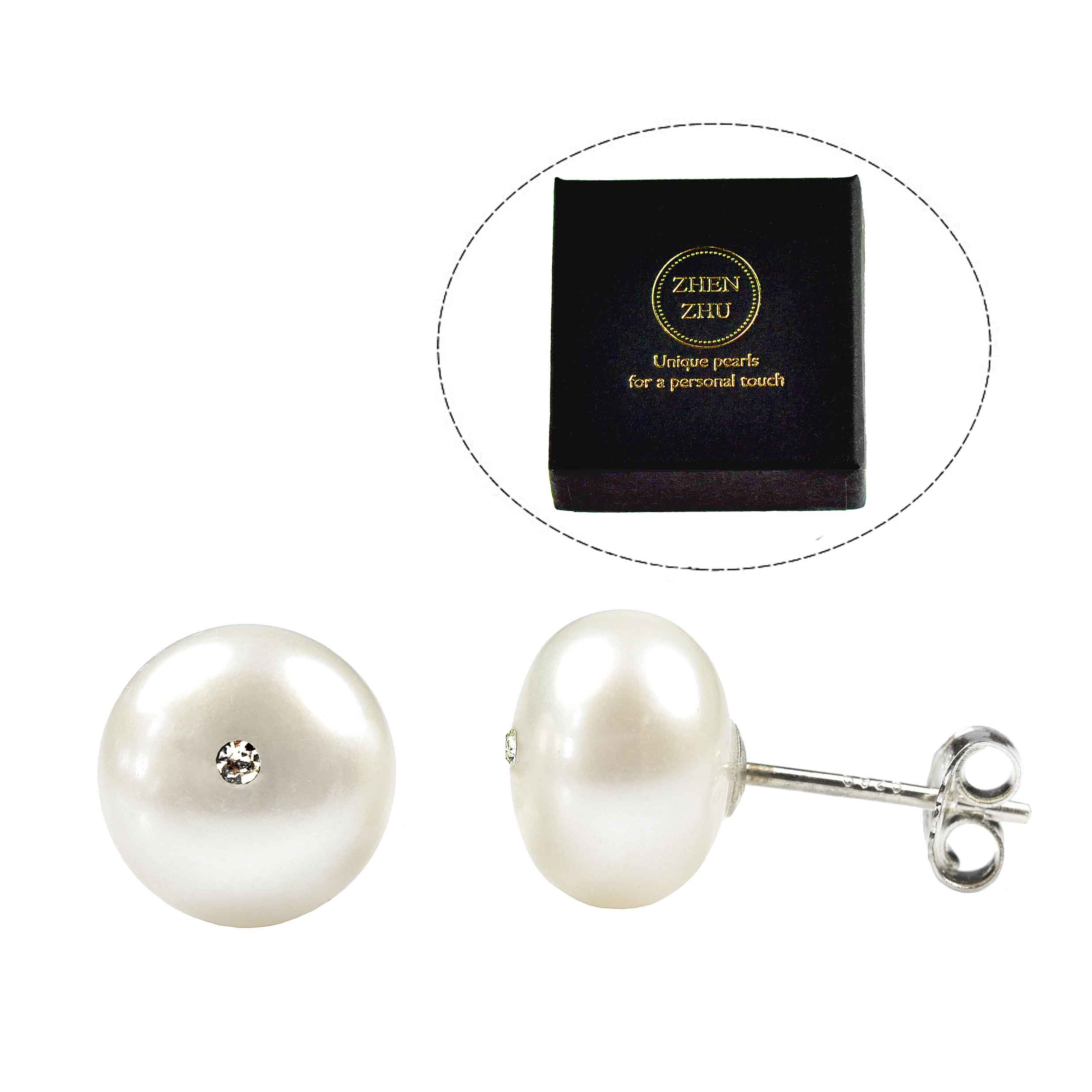 Witte zoetwater parel oorbellen met stras steentje in sieradendoosje | Cadeau set zoetwater parel oorbellen Bling Mea Box One