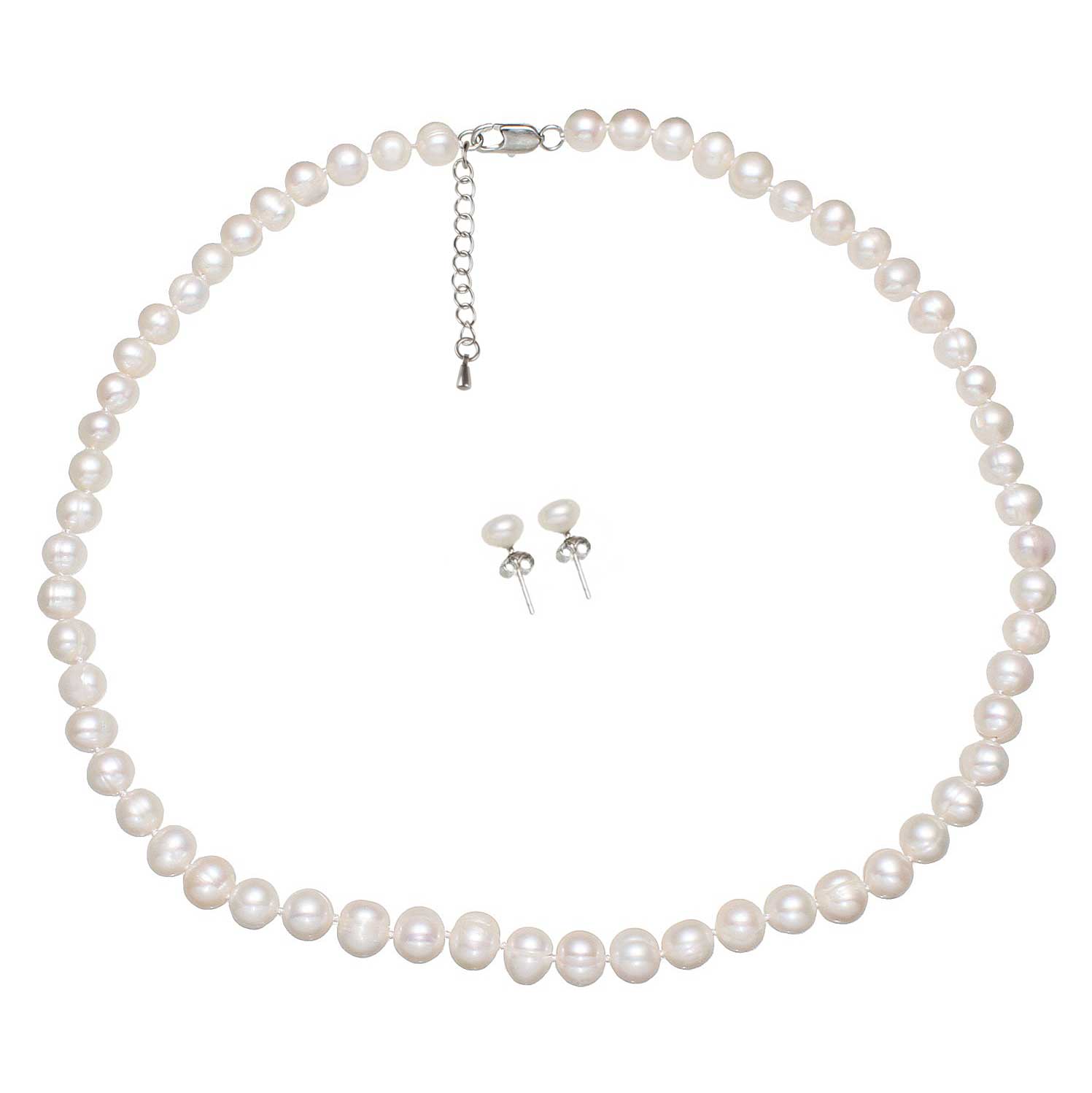 Zoetwater parel set bestaande uit een parelketting en parel oorbellen met witte parels en sterling zilver (925) | set Bella (KO)