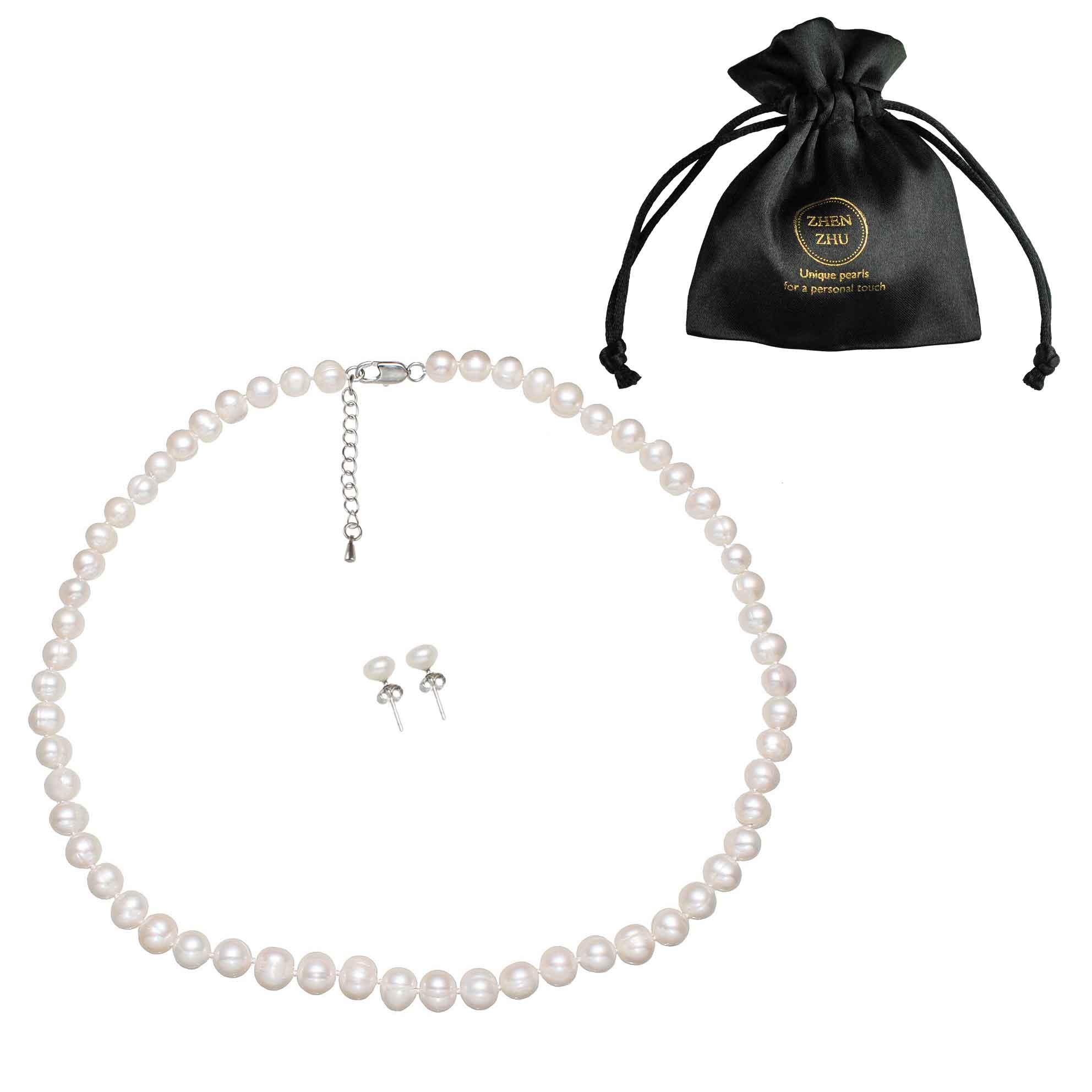 Zoetwater parel set bestaande uit een parelketting en parel oorbellen met witte parels en sterling ijver (925) | set Bella (KO)