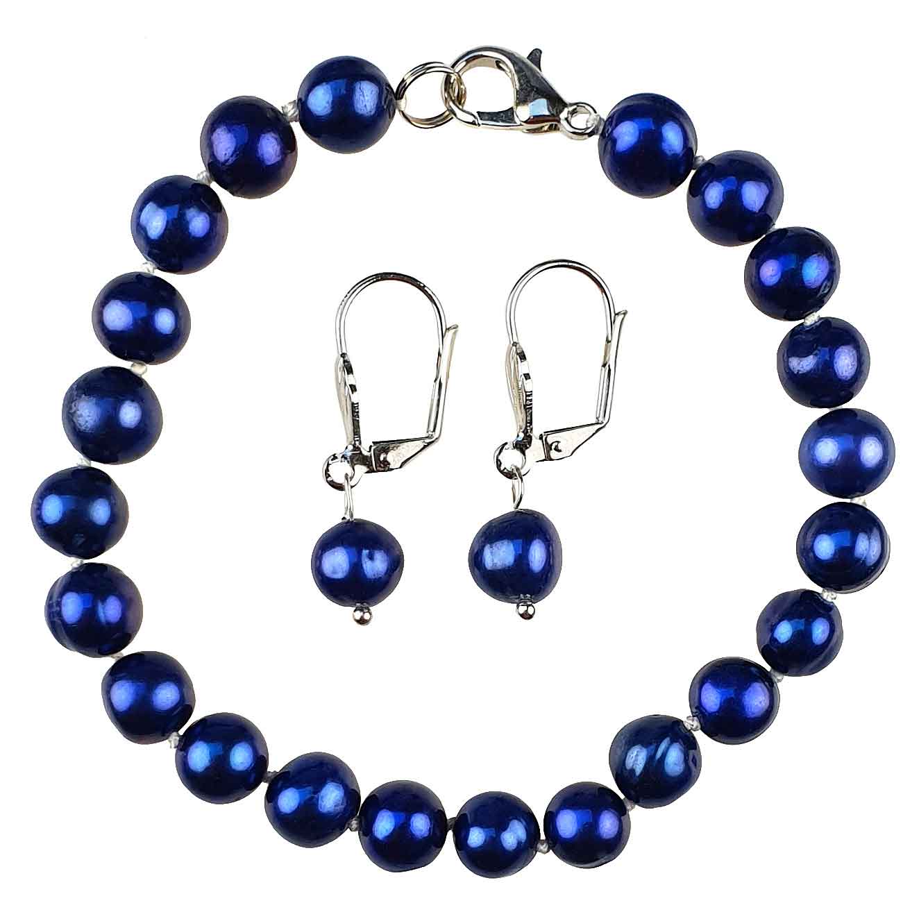 Zoetwater parel set bestaande uit een handgeknoopt parel armband en parel oorbellen met cobalt blauwe parels | set Pearl Royal Blue