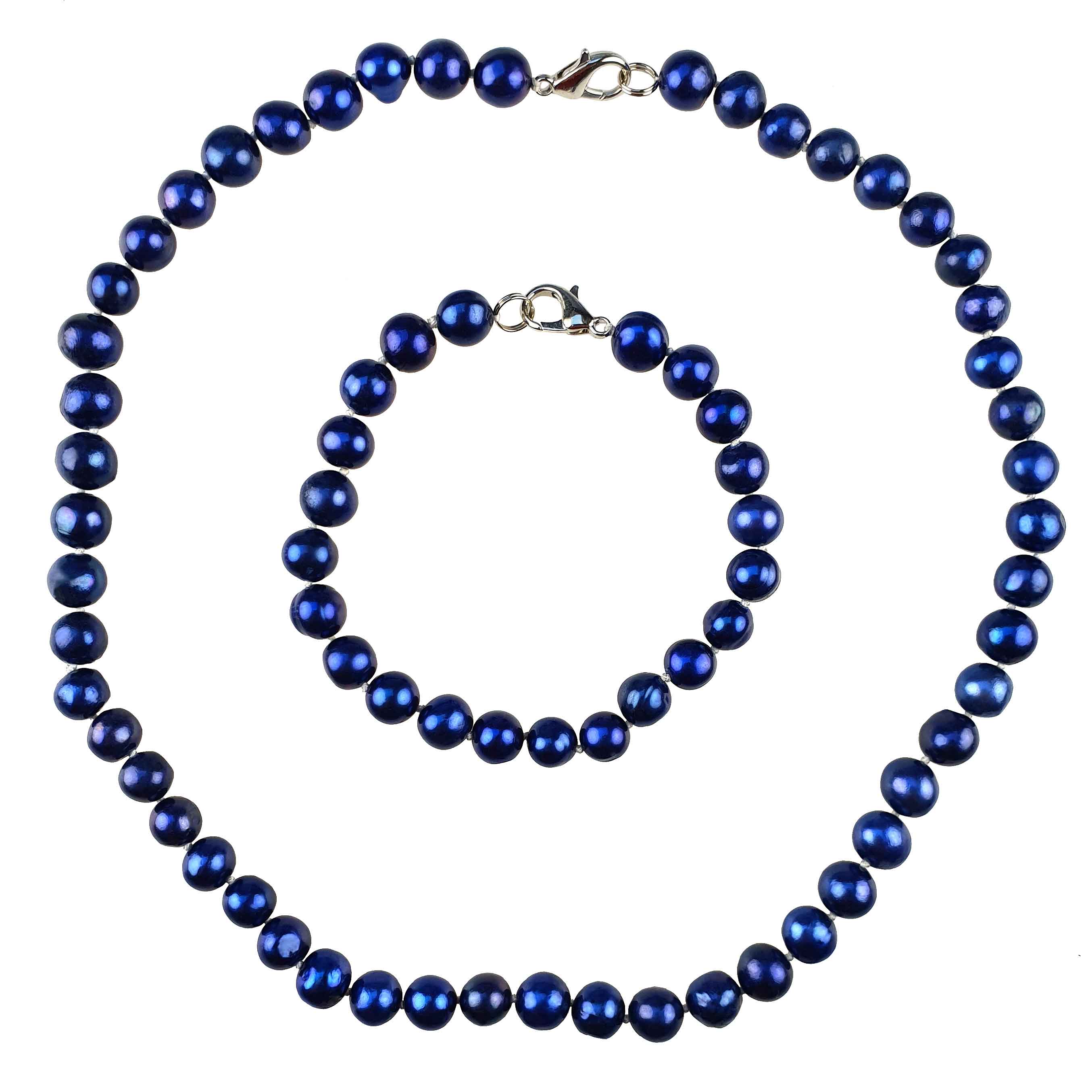 Handgeknoopte zoetwater parel set bestaande uit parelketting en parel armband met cobalt blauwe parels | set Pearl Royal Blue (KA)