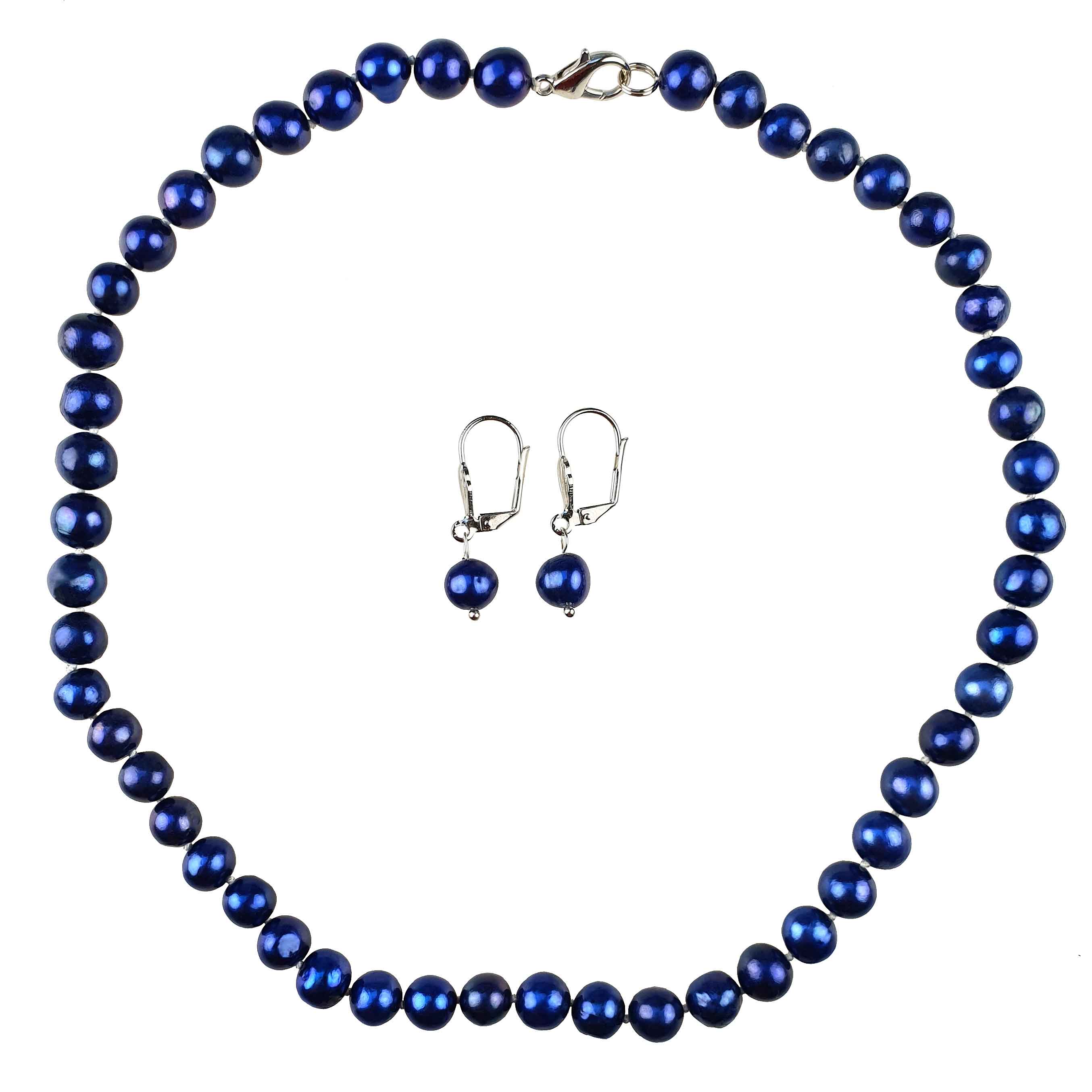Handgeknoopte zoetwater parel set bestaande uit parelketting en parel oorbellen met cobalt blauwe parels | set Pearl Royal Blue
