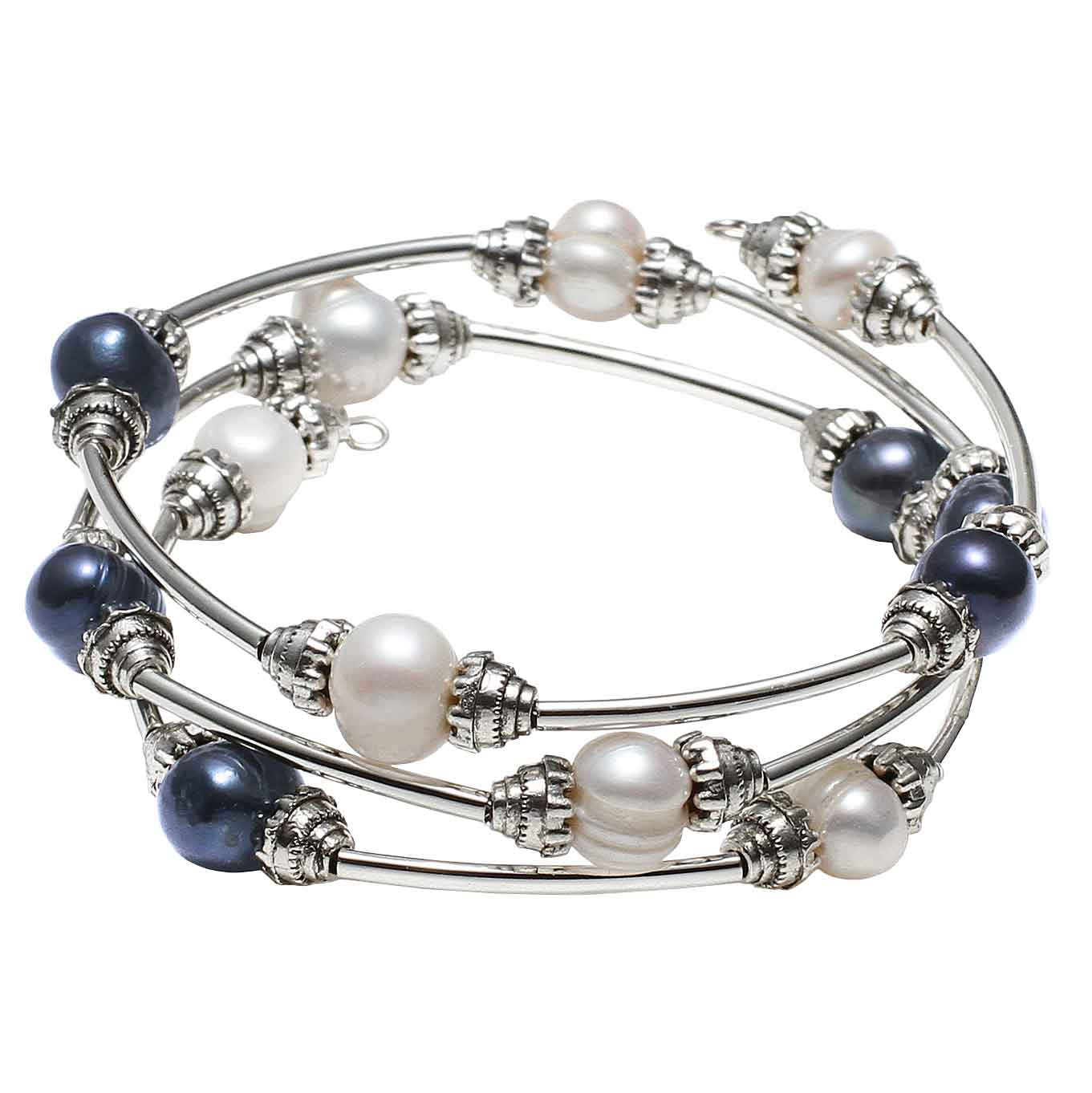 Zoetwater parel wikkelarmband met witte en blauwe parels | Three Loops White & Dark Pearl Pearl