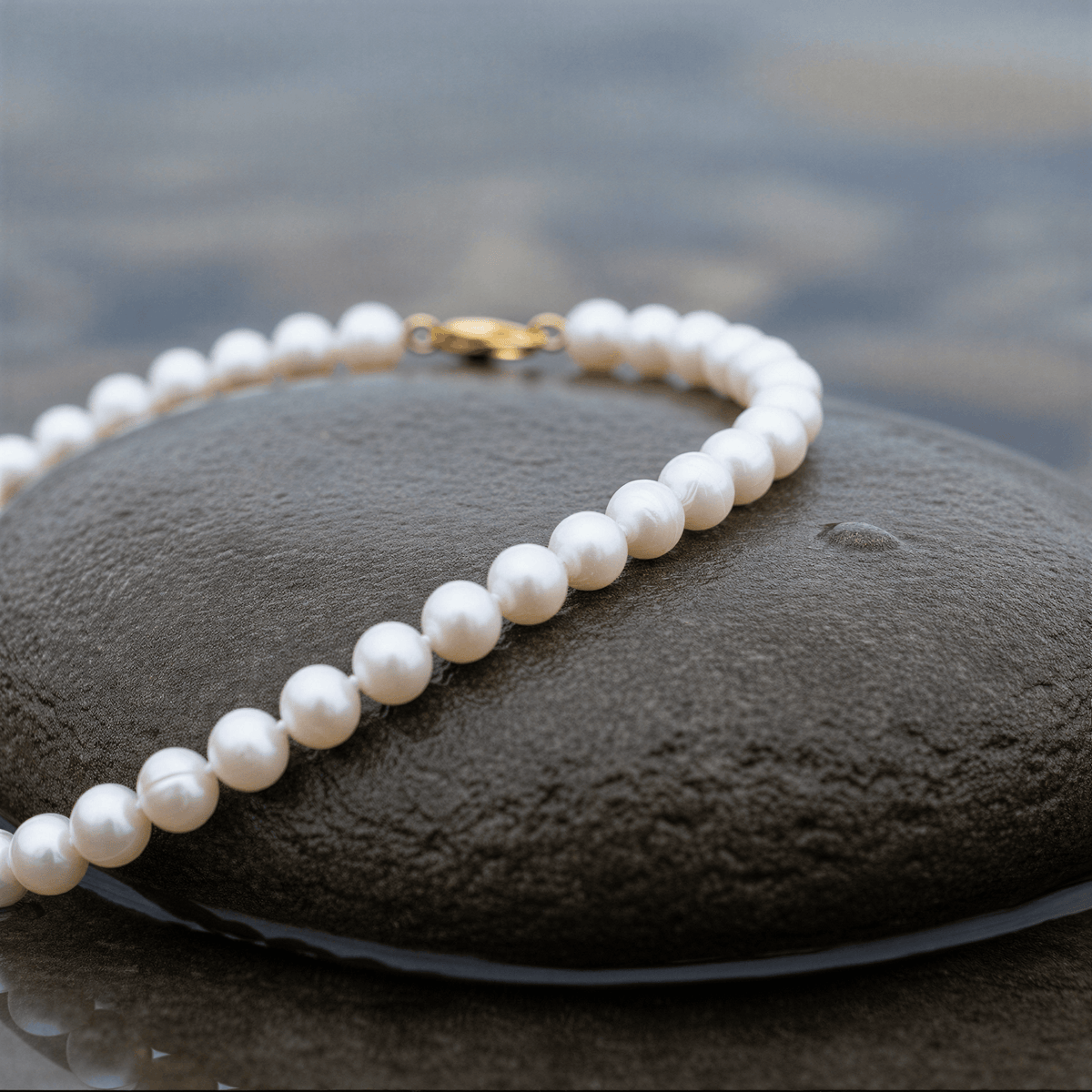 Witte zoetwater parelketting met goud edelstalen slotje liggend op steen close up | Bella Gold