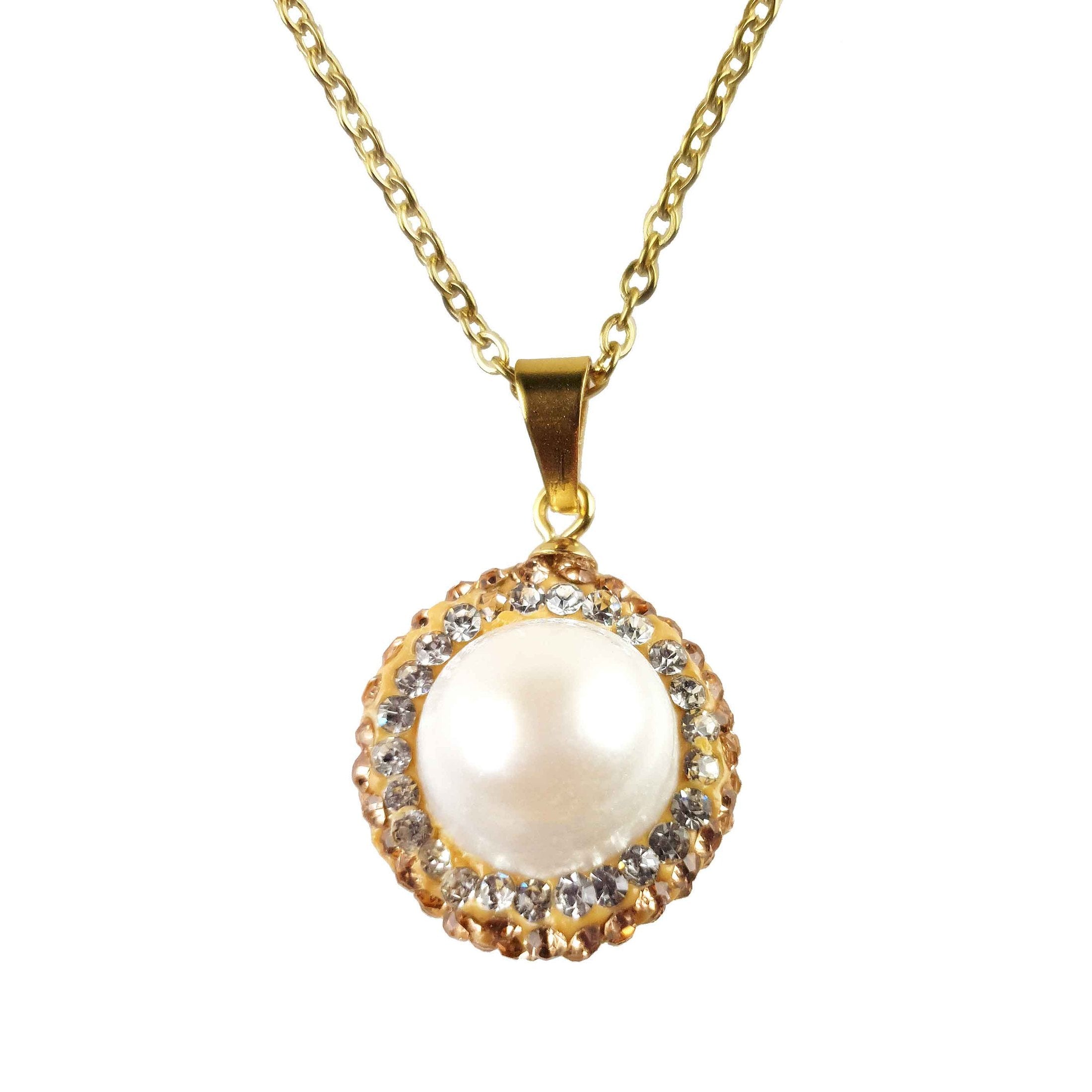 Detail van zoetwater parelketting met witte parel hanger, gouden stras steentjes en goud edelstaal | Bright Golden Pearl