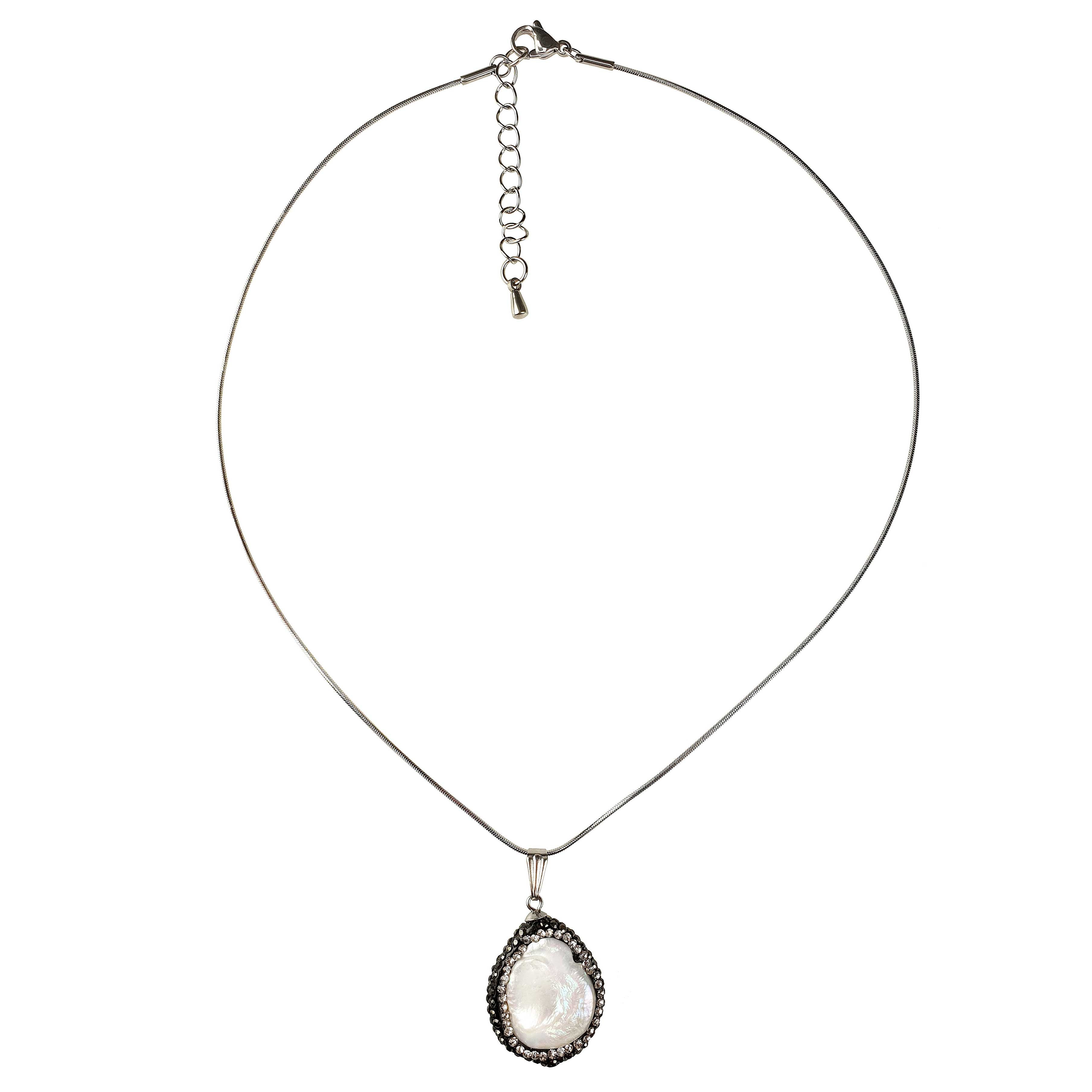 Zoetwater parelketting met witte parel hanger met stras steentjes en zilver edelstaal | Bright Minimal Silver