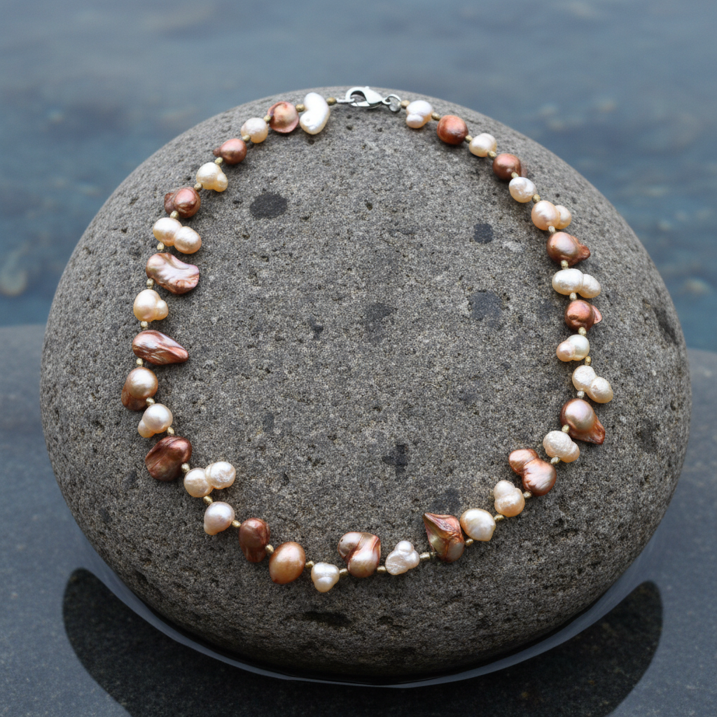 Zoetwater parelketting met bruine en zalm roze parels liggend op steen | Brown Lady