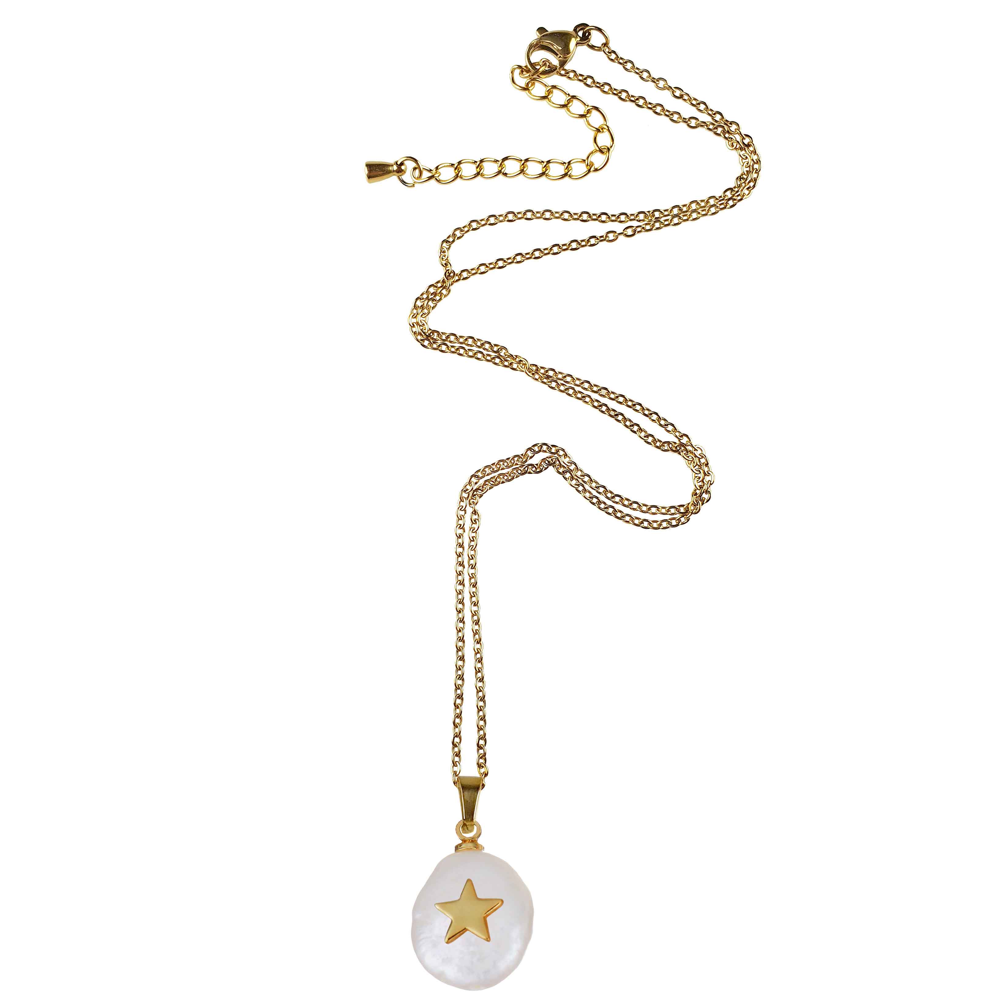 Zoetwater parelketting met witte parel hanger met gouden ster en goud edelstaal liggend | Coin Pearl Golden Star