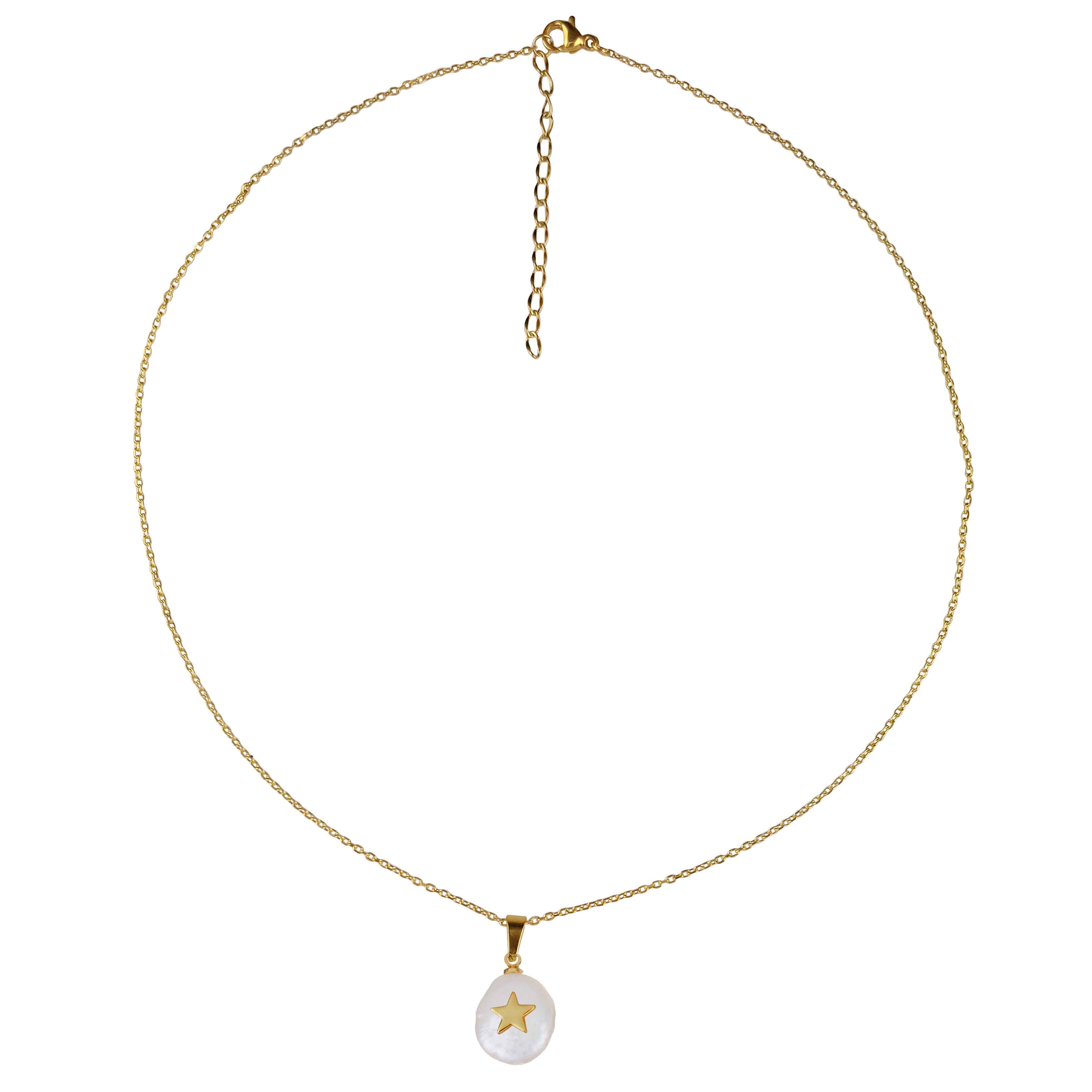 Zoetwater parelketting met witte parel hanger met gouden ster en goud edelstaal | Coin Pearl Golden Star