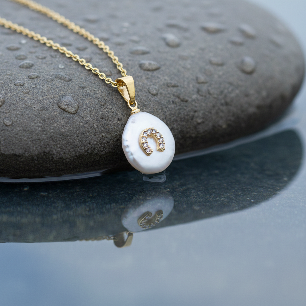 Zoetwater parelketting met witte parel hanger met stras steentjes in hoefijzer motief en goud edelstaal liggend op steen | Coin Pearl Good Luck