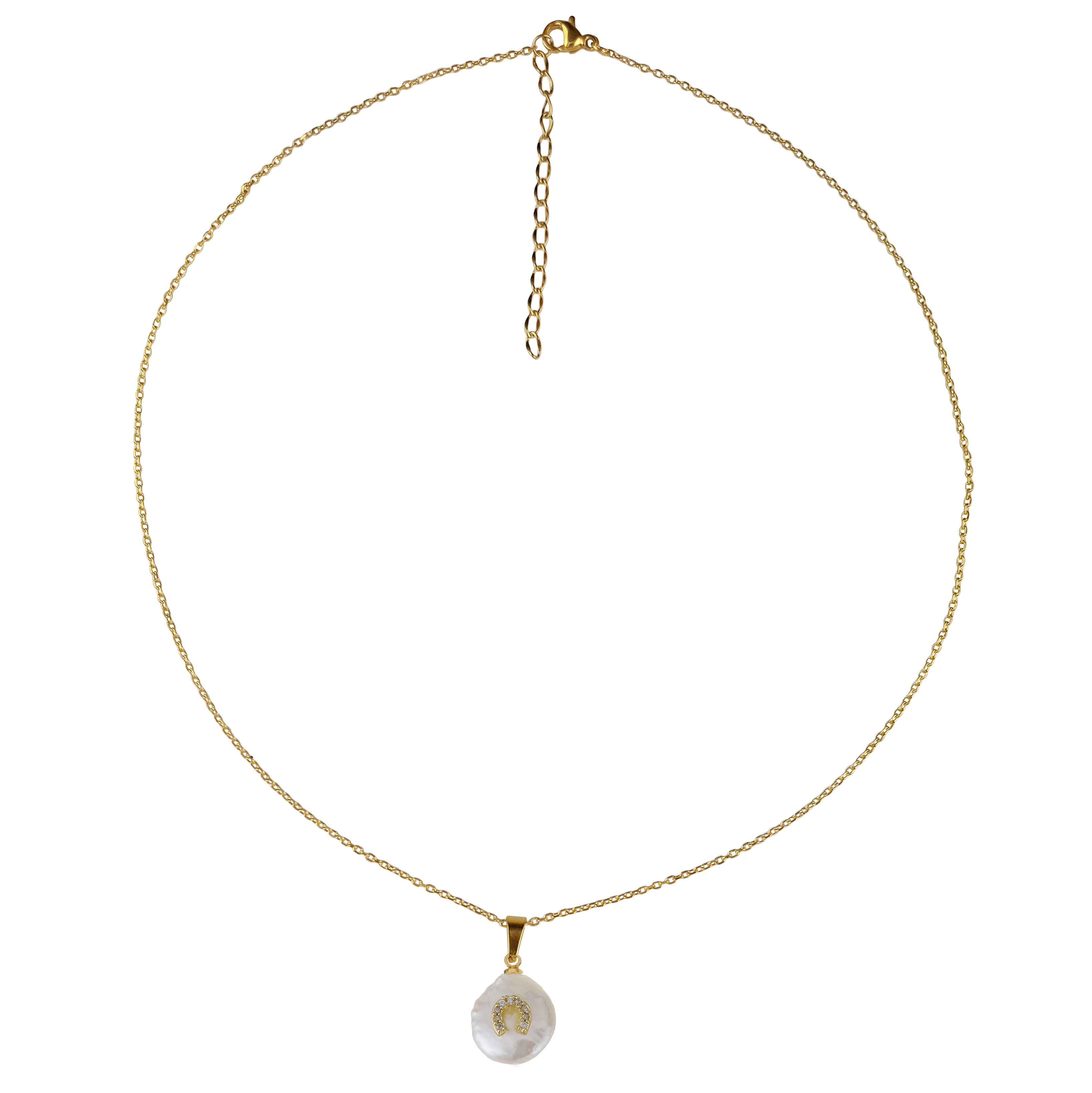 Witte zoetwater parelketting met witte parel hanger met stras steentjes in hoefijzer motief en goud edelstaal | Coin Pearl Good Luck
