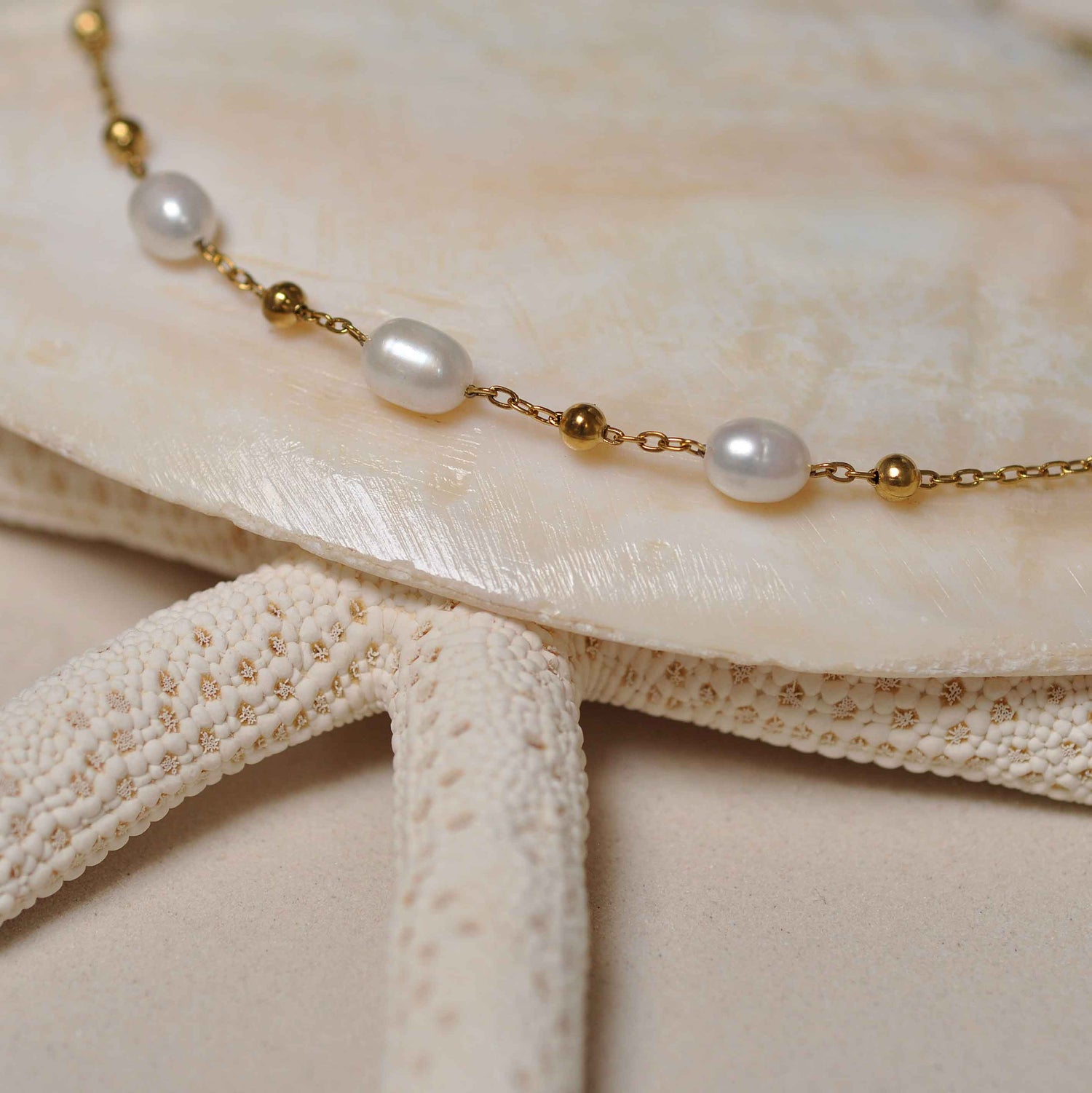 Witte zoetwater parelketting met goud edelstaal liggend op witte schelp | Parelketting Eline Goud