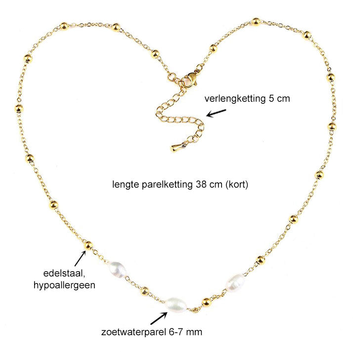 Maten van witte zoetwater parelketting met goud edelstaal | Parelketting Eline Goud
