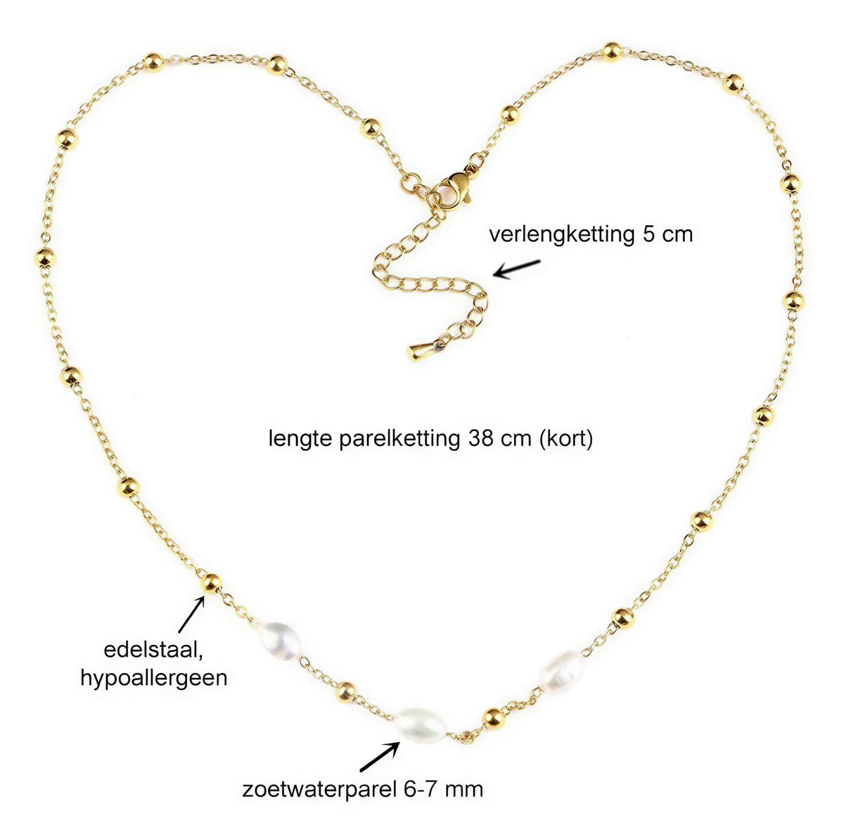 Maten van witte zoetwater parelketting met goud edelstaal | Parelketting Eline Goud