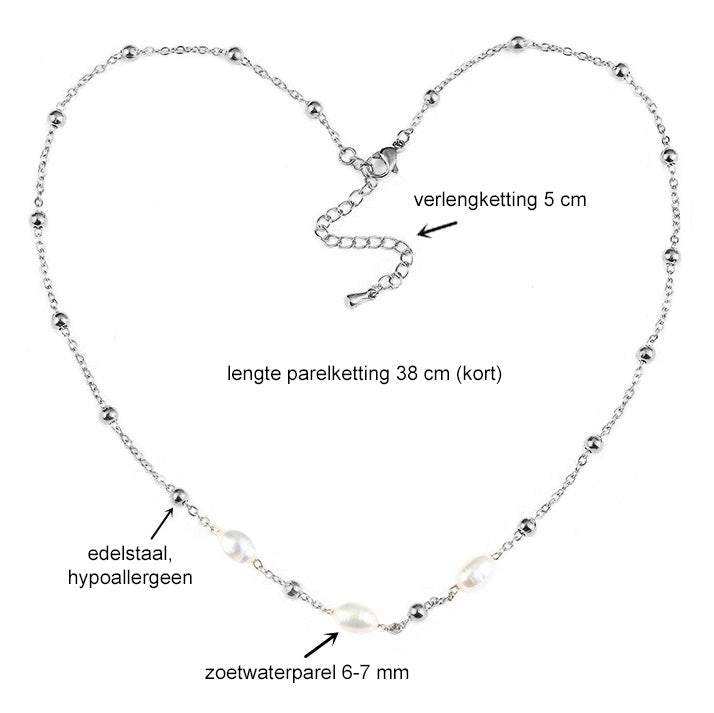 Maten van witte zoetwater parelketting met zilver edelstaal | Parelketting Eline Zilver