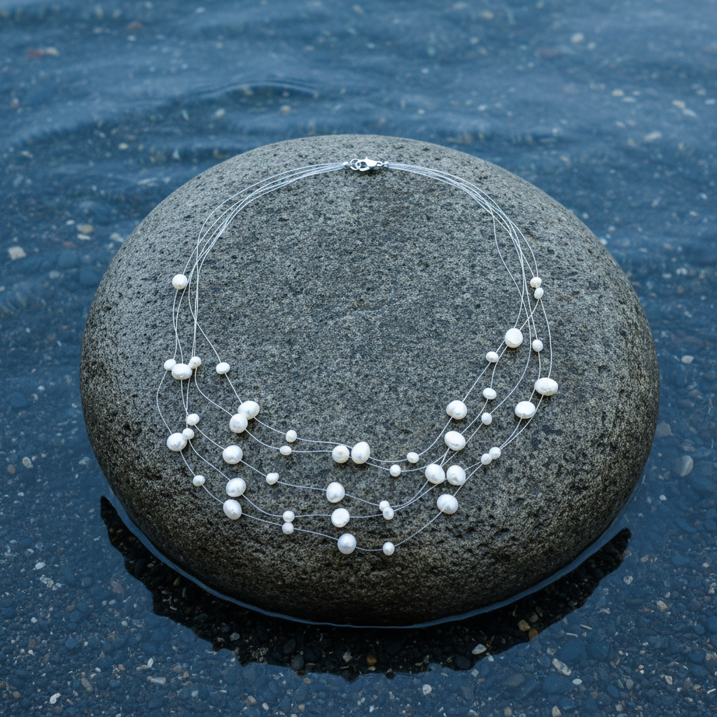 Zoetwater parelketting met witte parels in 5 rijen en sterling zilver (925) liggend op steen in water | Gill W