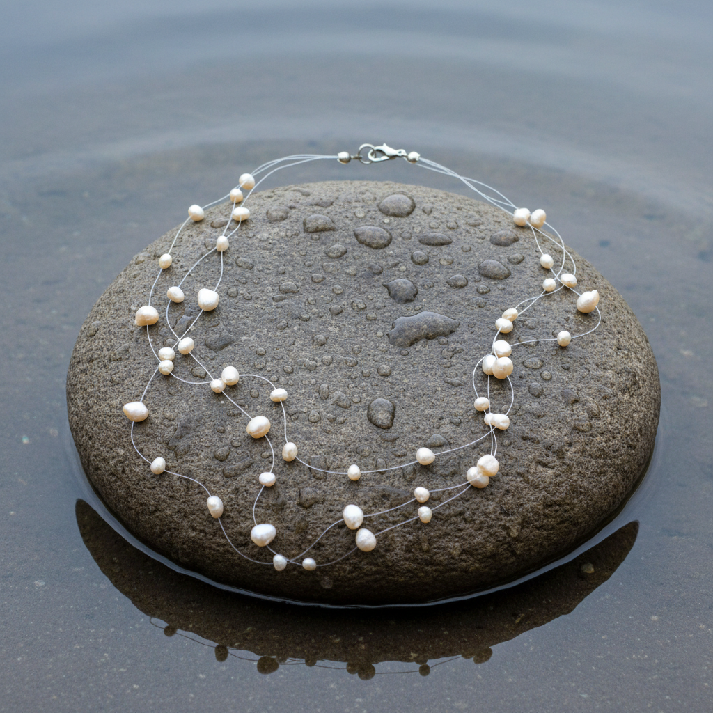 Zoetwater parelketting met witte parels in 3 rijen en sterling zilver (925) liggend op natte steen | Jill W