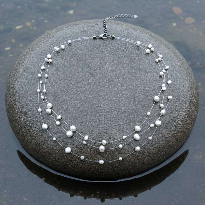 Zoetwater parelketting met witte parels in 3 rijen en sterling zilver (925) liggend op steen in water | Jill W