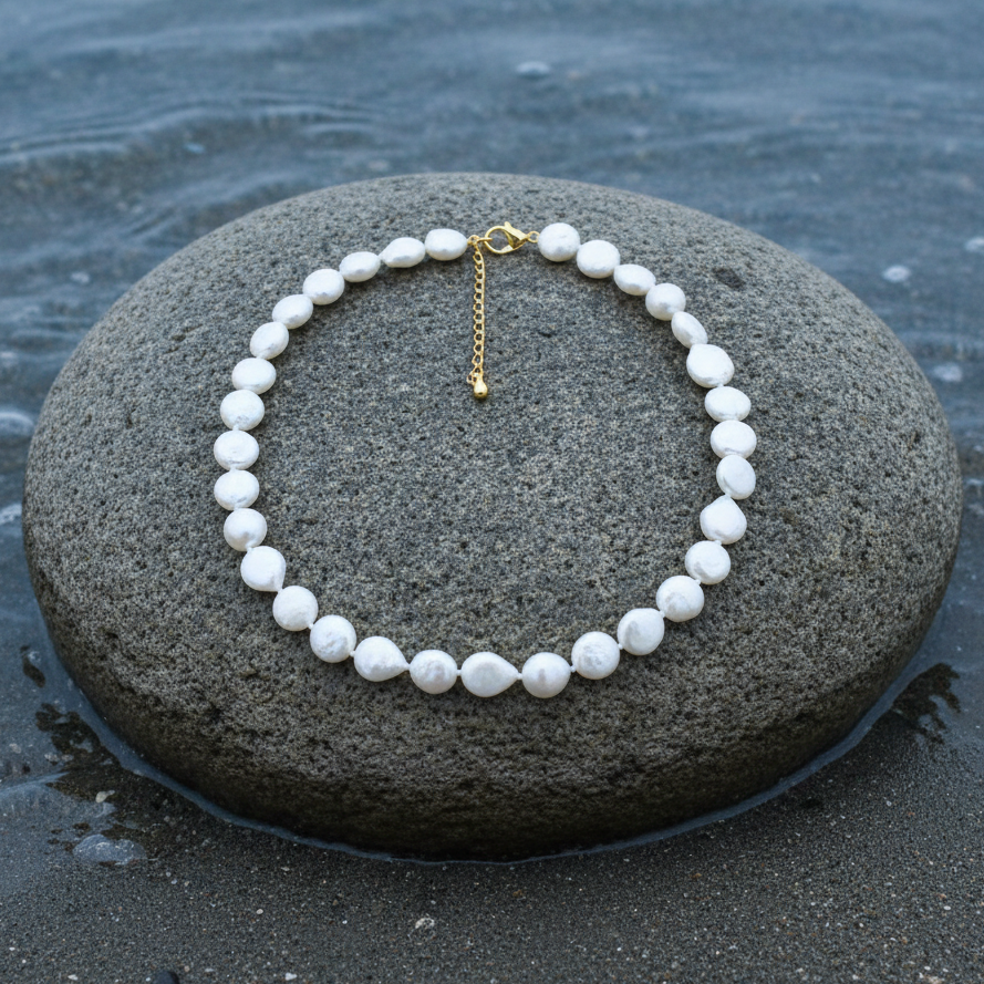 Witte zoetwater parelketting met coin parels en goud edelstaal liggend op steen | Little Coin Pearl