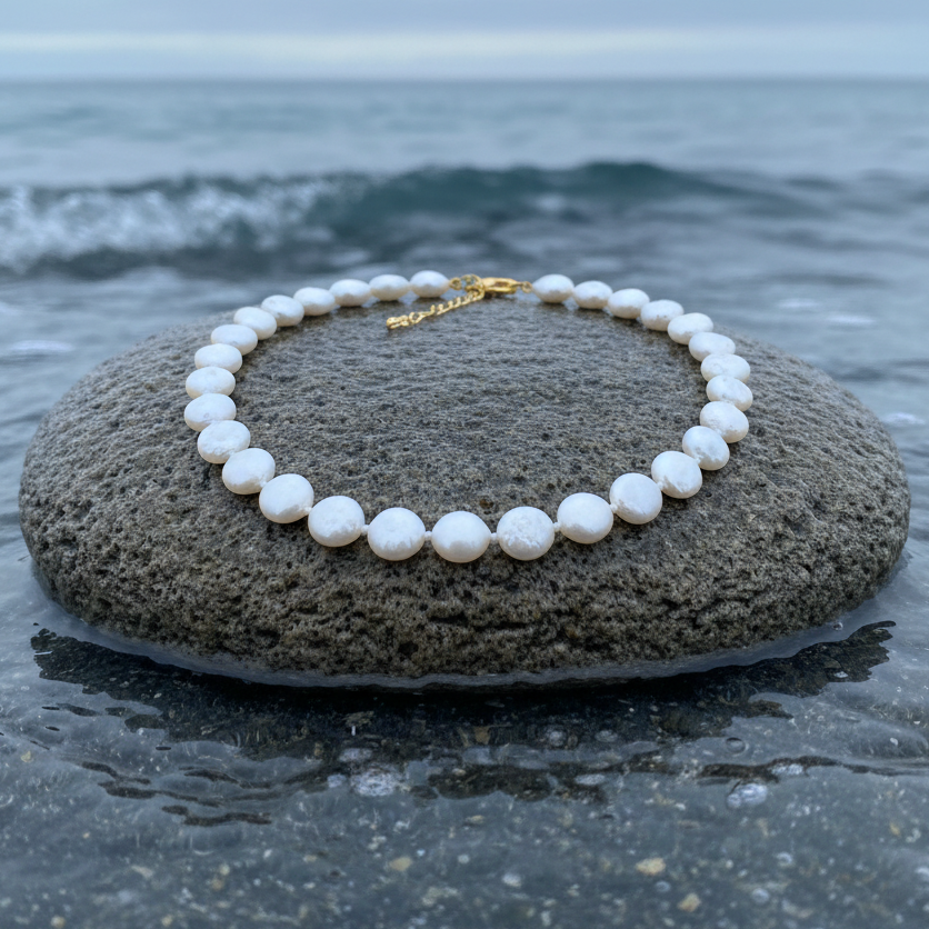 Witte zoetwater parelketting met coin parels en goud edelstaal liggend op steen in water| Little Coin Pearl