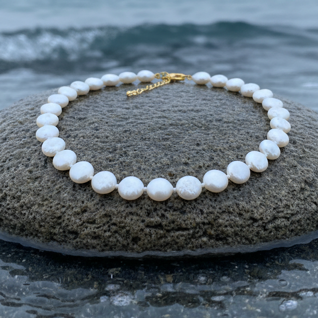 Witte zoetwater parelketting met coin parels en goud edelstaal liggend op steen in water| Little Coin Pearl