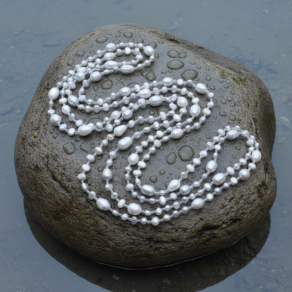 Lange zoetwater parelketting met grijze parels liggend op steen | Long Seed Bead Grey