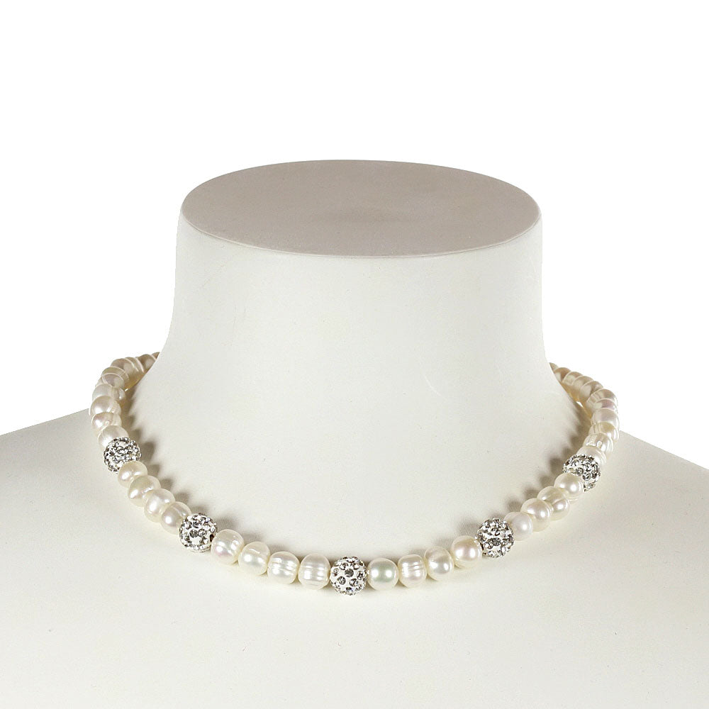 Zoetwater parelketting met witte parels, stras steentjes en sterling zilver (925) op buste | Maxima