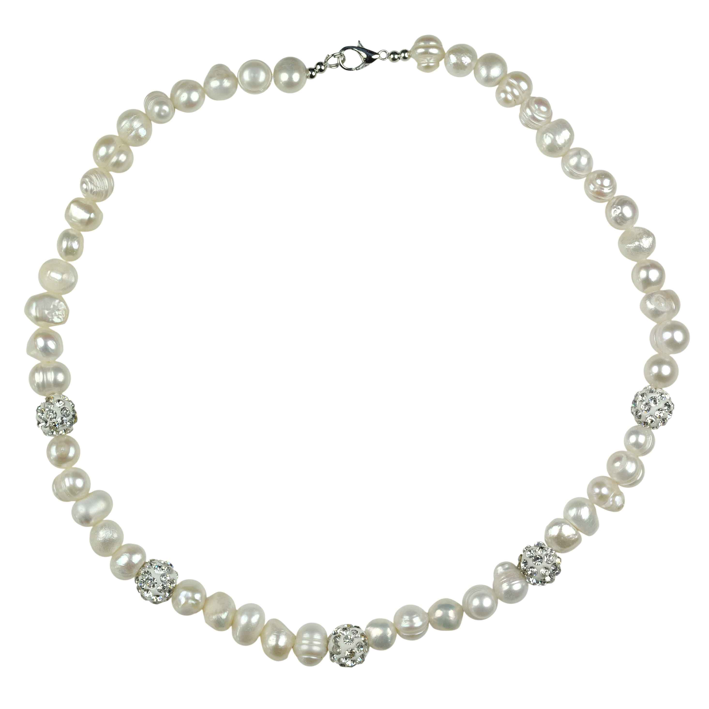 Zoetwater parelketting met witte parels, stras steentjes en sterling zilver (925) | Maxima