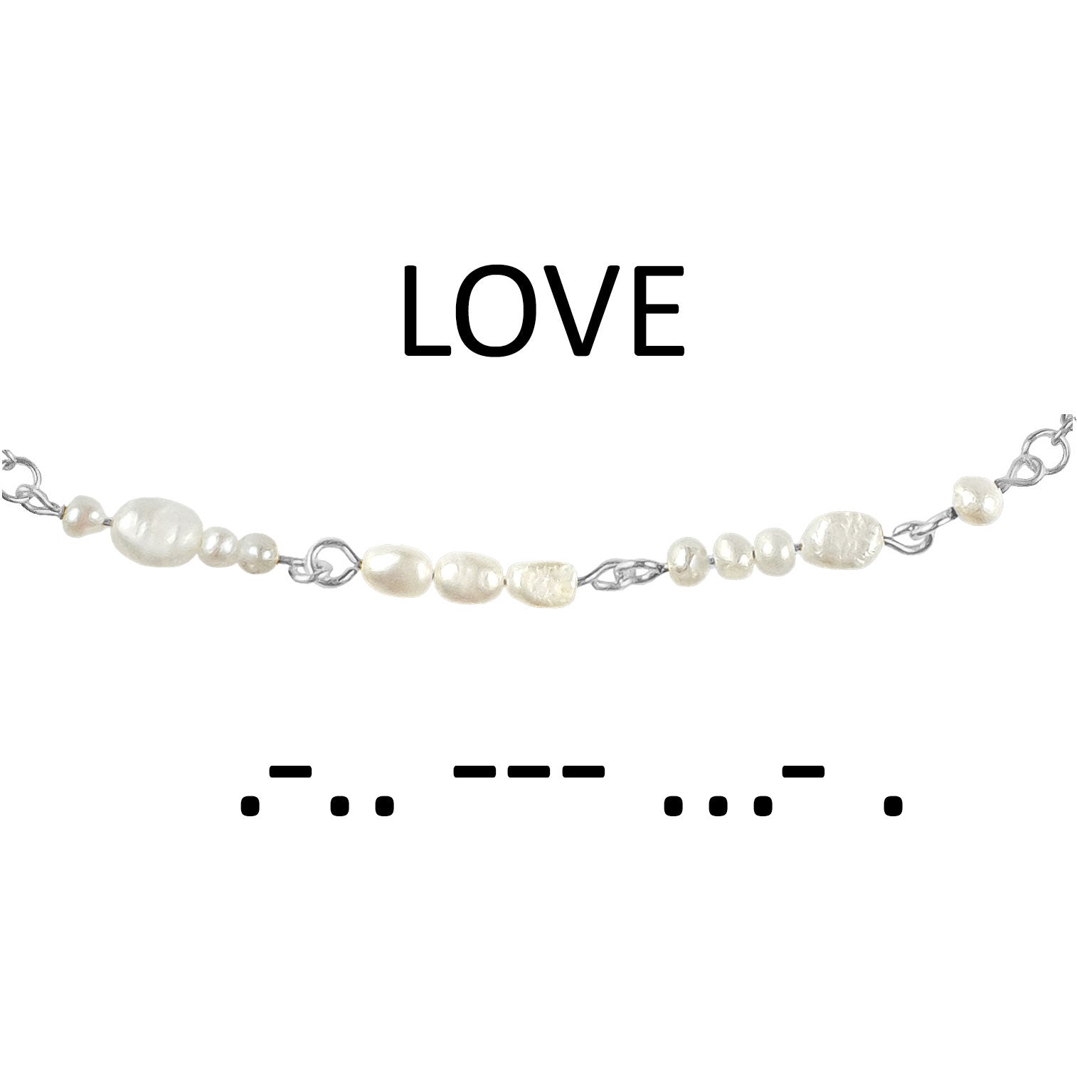 Detail van zoetwater parelketting met zilver edelstaal en witte parels die het woord LOVE in morse code weer geeft | Morse Code Love Pearl Silver