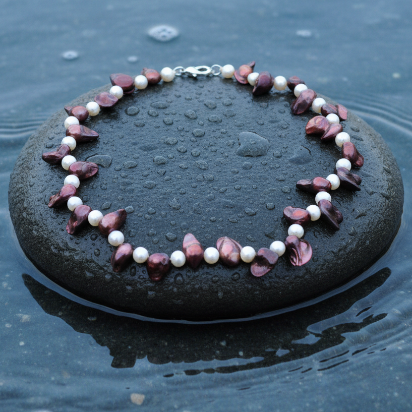 Zoetwater parelketting met witte en rood bruine parels en sterling zilveren slotje liggend op steen | Purple Lady