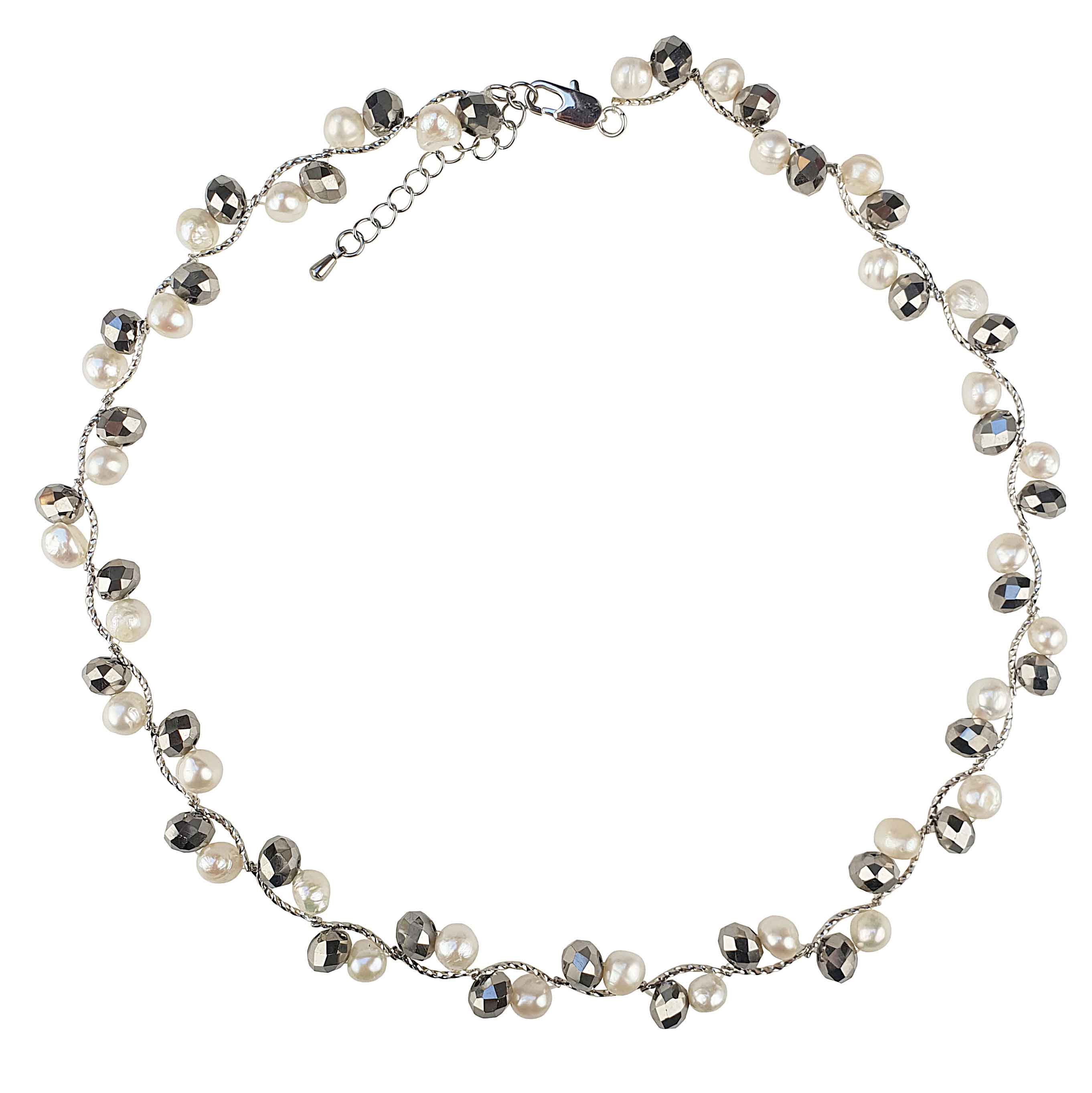 Witte zoetwater parelketting met zilveren facet geslepen glas kristallen | Silana