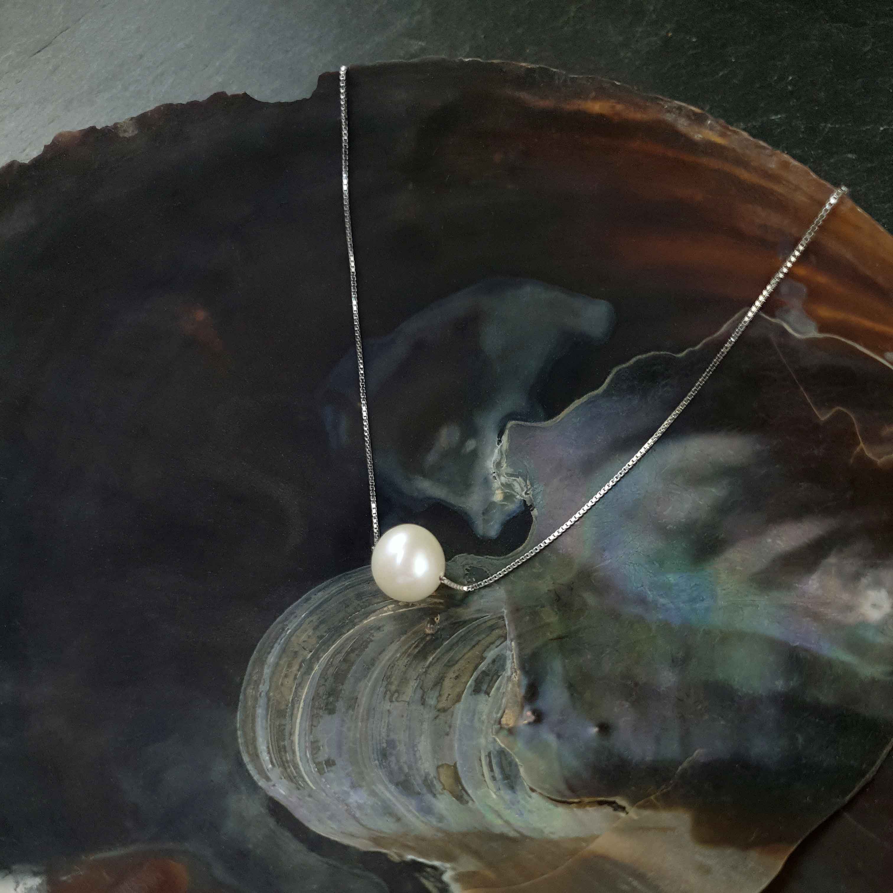Witte zoetwater parelketting met sterling zilver (925) liggend in schelp | Silver One White Pearl