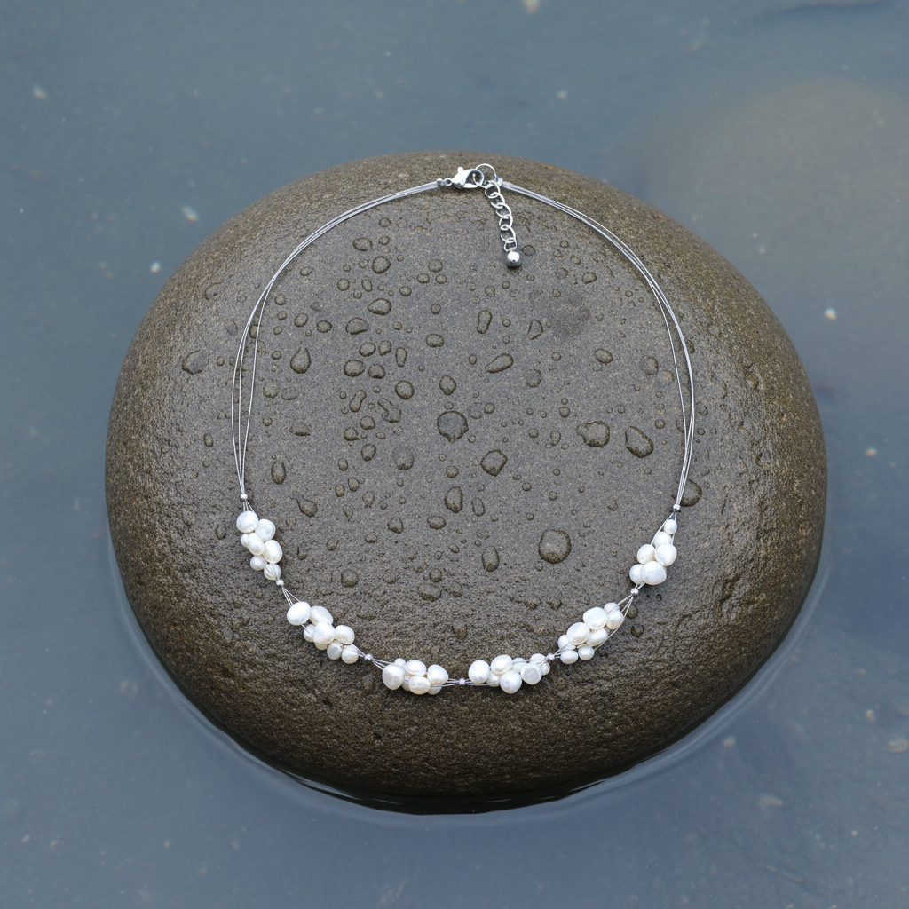 Zoetwater parelketting met witte parels en sterling zilver (925) liggend op steen | Winny
