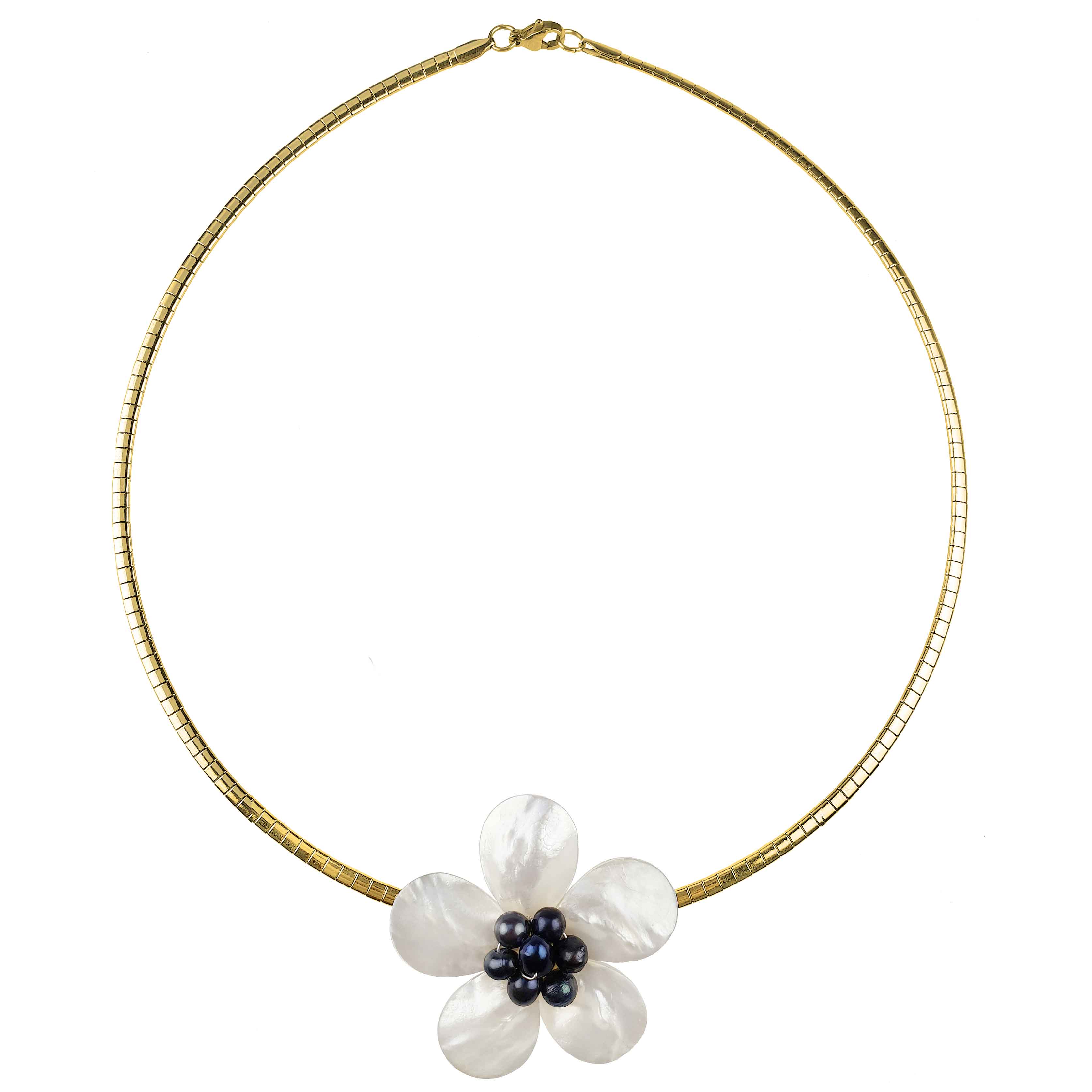 Zoetwater parel ketting met parelmoeren bloem hanger aan goud edelstenen ketting | set Fleury B Gold