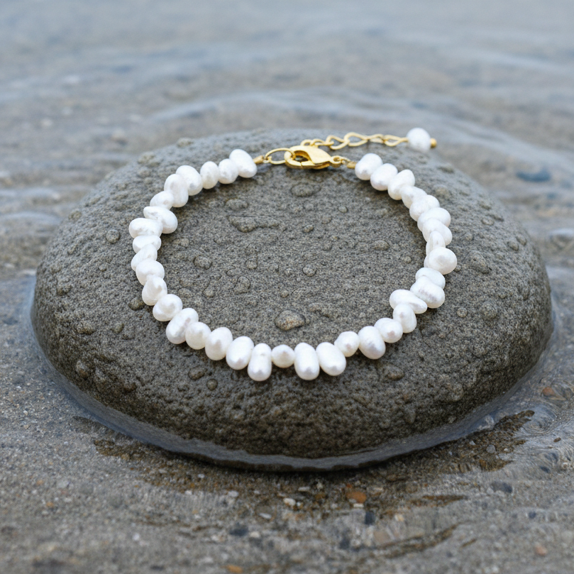 Wit zoetwater parel armband met goud kleurig edelstaal en verlengketting liggend op steen | Adalyn