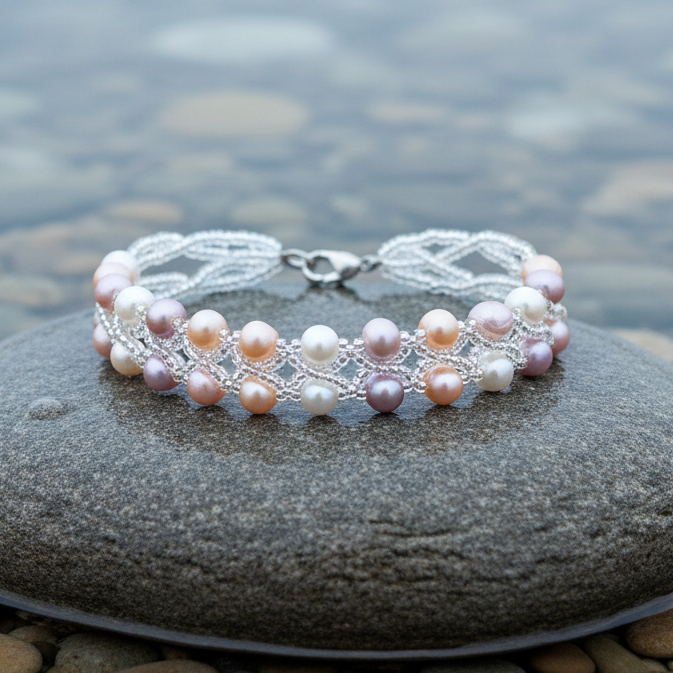 Zoetwater parel armband met witte, zalm en roze parels liggend op natte steen | Annabelle III