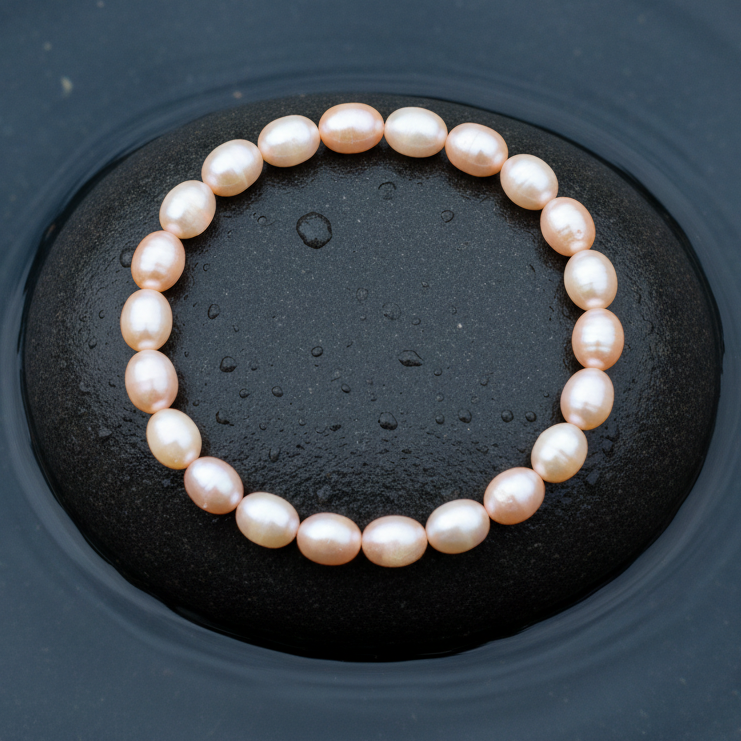 Zoetwater parel armband met zalm kleurige parels liggend op steen in water | Azice